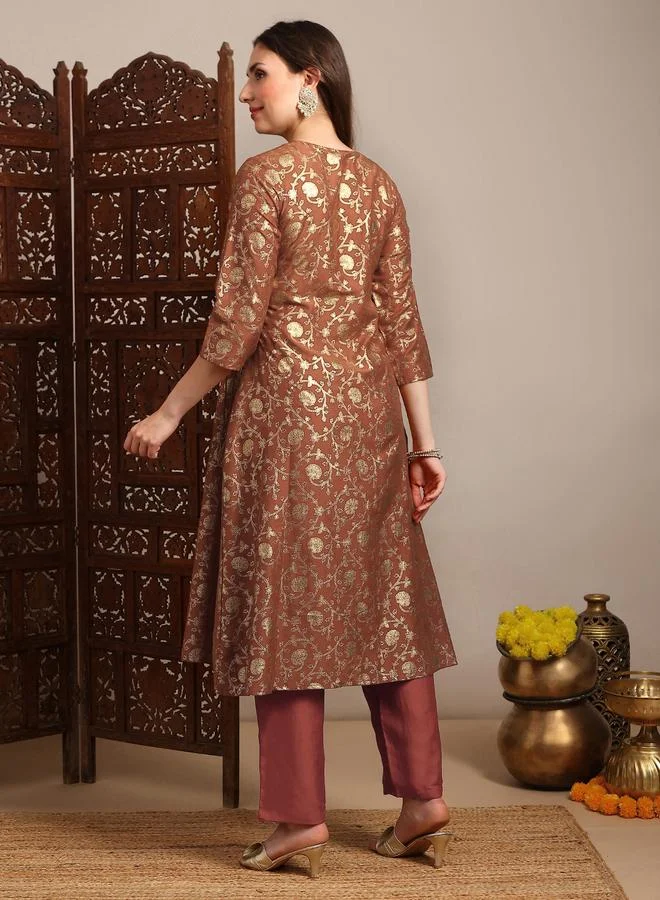 globus Women Rust Gold Foil Floral Print Kurta with Pants Set